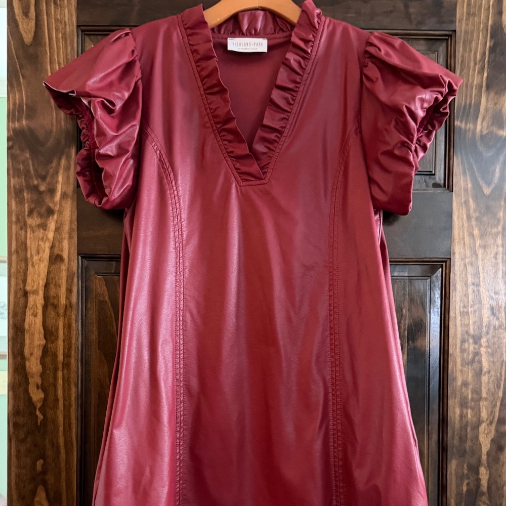 Puffed Red Faux Leather Mini Dress